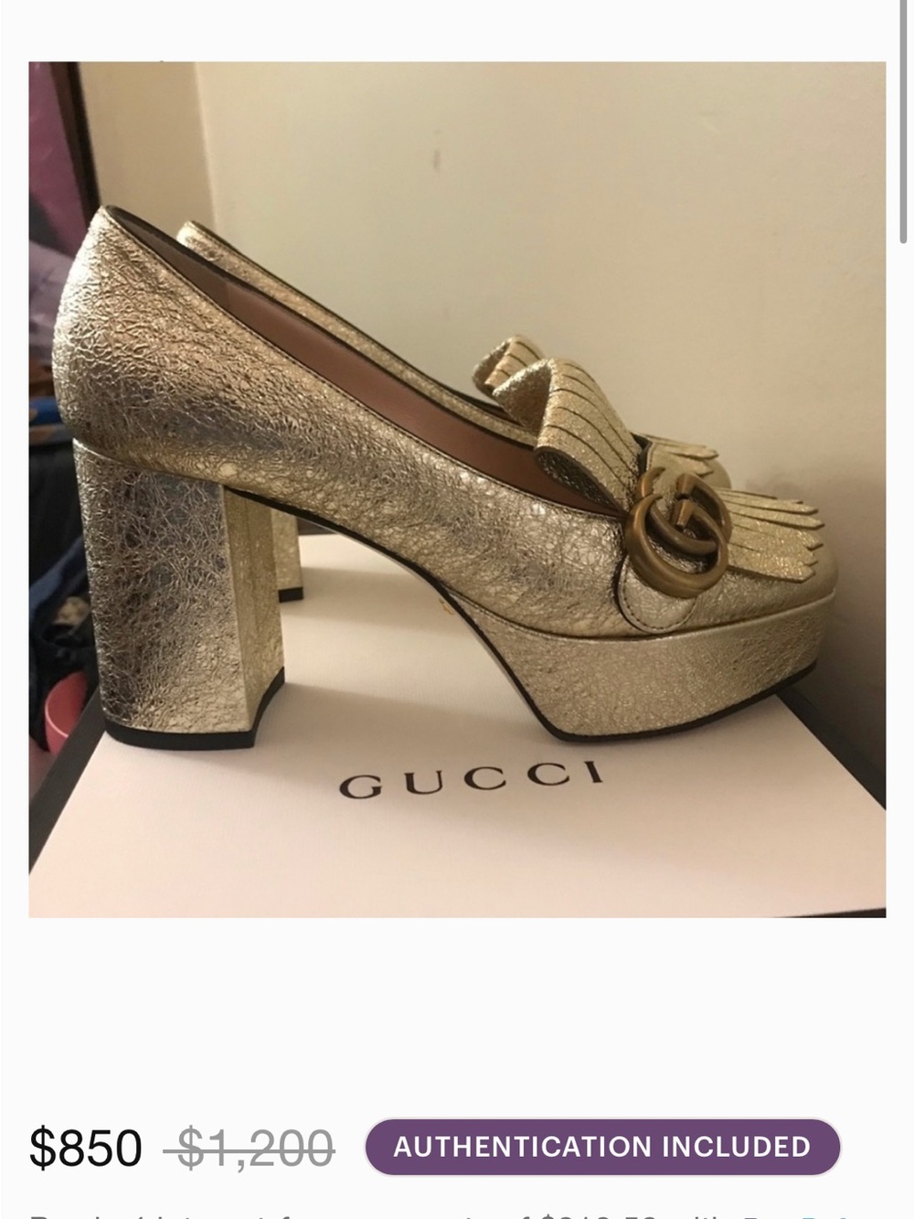 Gucci Metallic Gold Fringe Block Heel Loafers - Picture 10 of 10